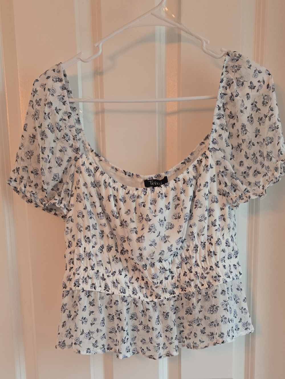 Trixxi White Crop Top with Blue Floral Print